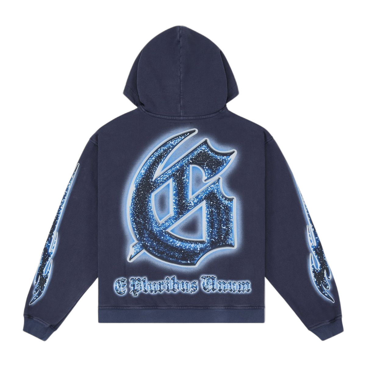 Navy Godspeed hoodie with large glittery blue 'G' logo, 'E Pluribus Unum' text on back, and blue flame graphics on sleeves.