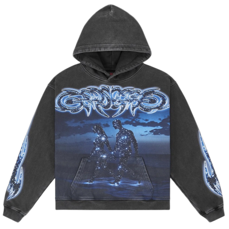 Godspeed Starstruck Hoodie, black wash. Glowing blue "Godspeed" text, starry figures walking in water, and blue flames.