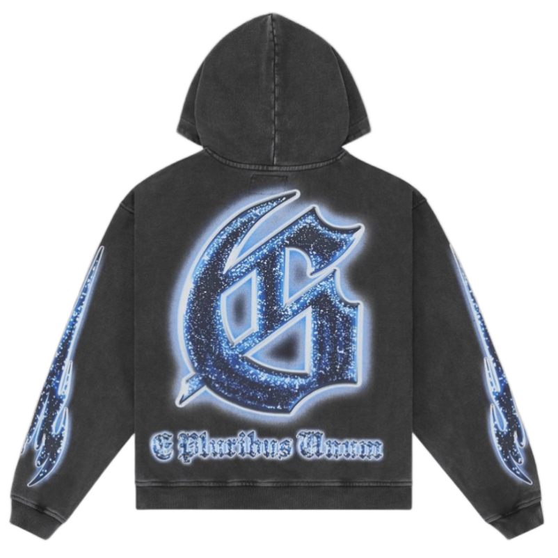 Godspeed Starstruck Hoodie, black wash. Large glowing blue "G" logo & "E Pluribus Unum" on back, blue flames on sleeves.