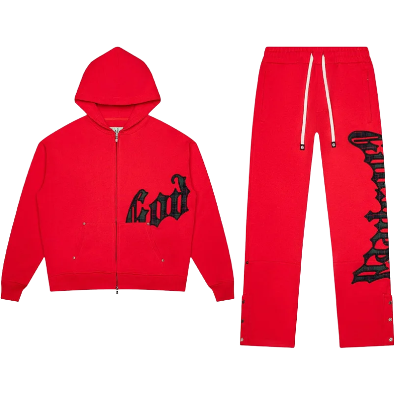 Godspeed red sweatsuit. Hoodie has black "God" logo, full zip. Pants have white drawstrings, black "Godspeed" side text, & snaps.