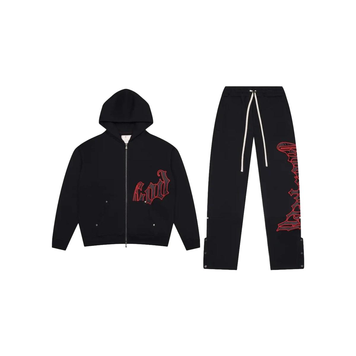 Godspeed OG Logo black sweatsuit with red outline text. Zipped hoodie has 'God' logo; pants have leg graphic & snap buttons.