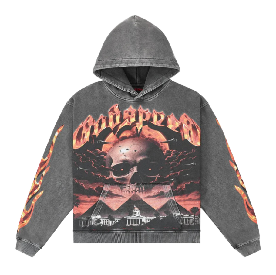 Grey wash hoodie with fiery "Godspeed" text above a skull, missiles, pyramids & Capitol building. Orange flames on sleeves.