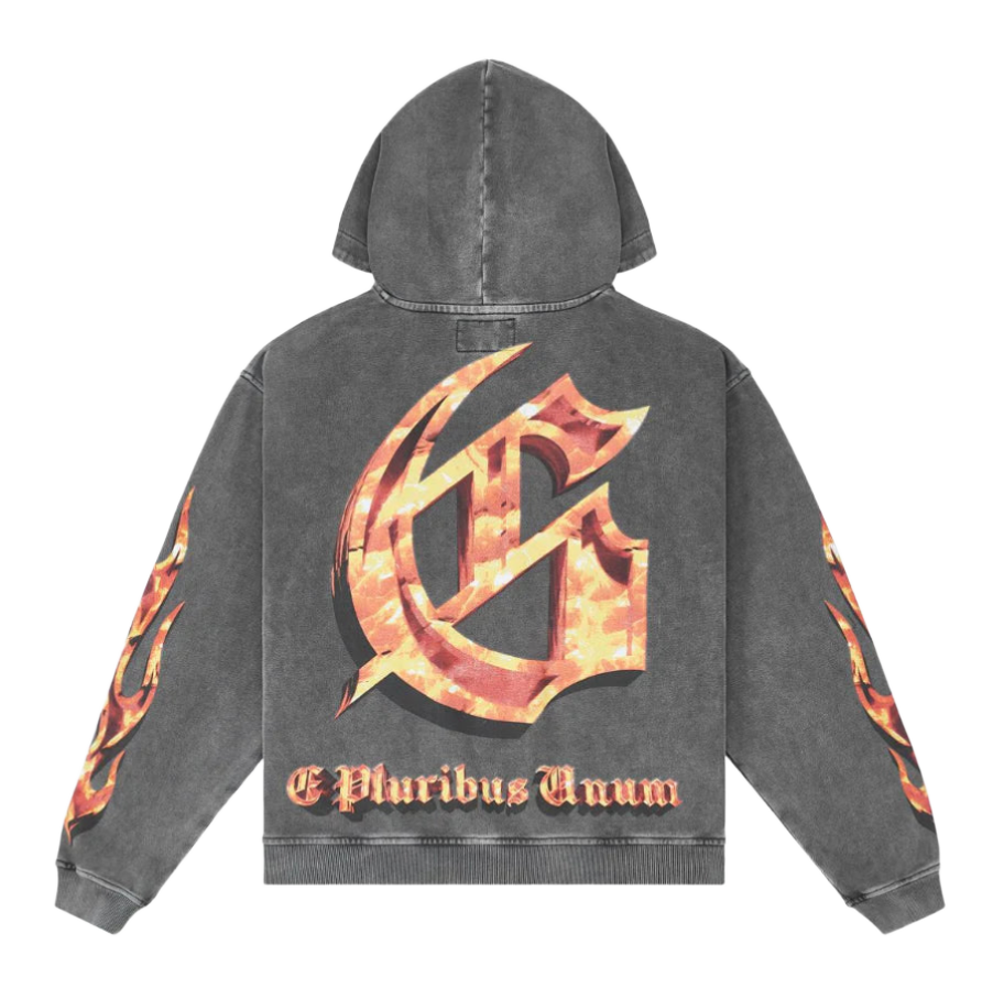 Distressed grey wash hoodie, back view. Large fiery G logo & 'E Pluribus Unum' text; flames on sleeves.