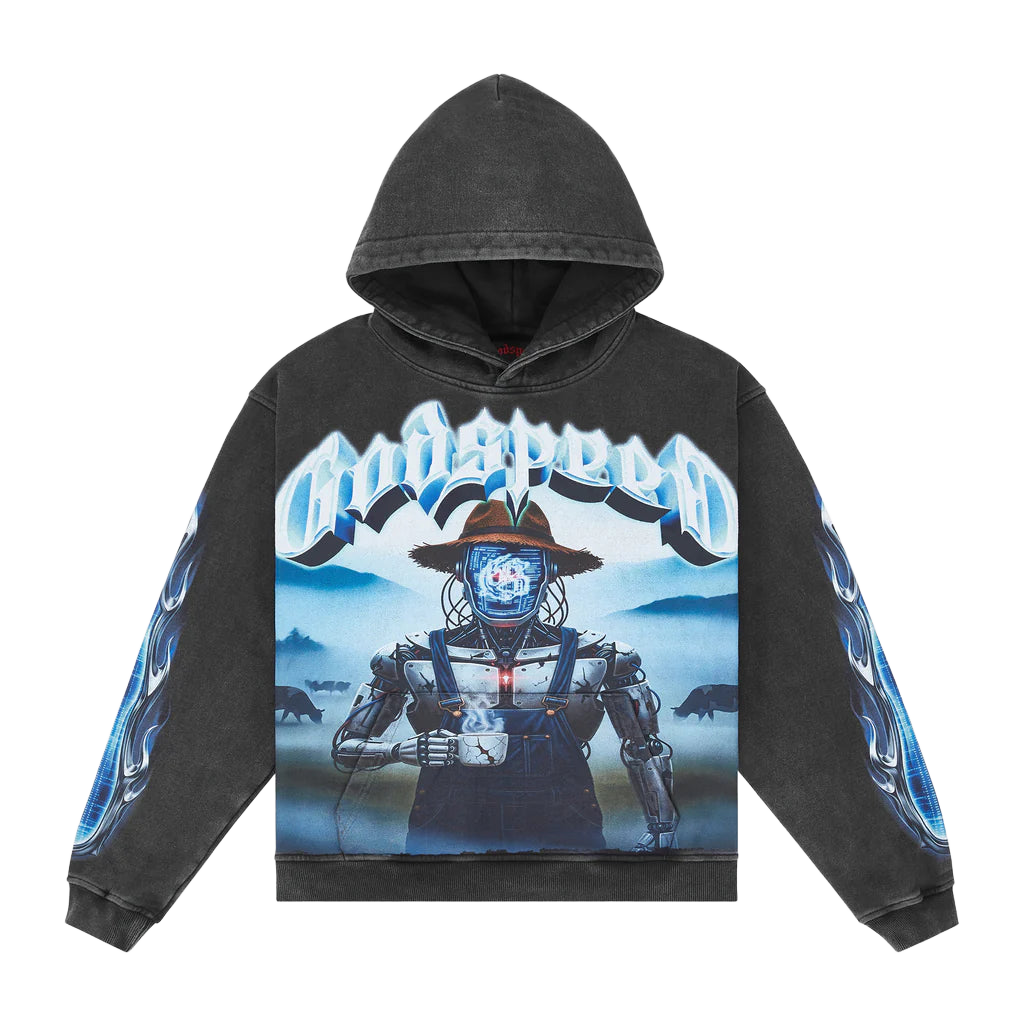 Godspeed Aura Farm Black Wash hoodie with front graphic: 'Godspeed' text, robot farmer in straw hat & overalls with coffee. Blue digital flames on sleeves.