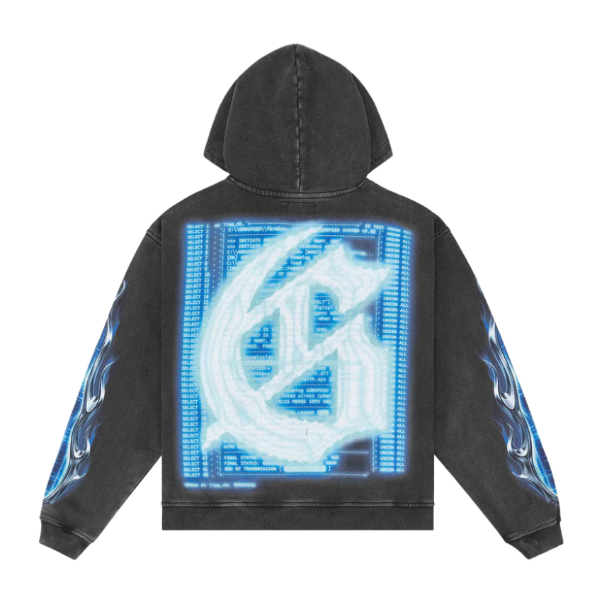 Godspeed Aura Farm black wash hoodie with a glowing blue gothic 'G' over matrix code on the back, and blue flame graphics on sleeves.