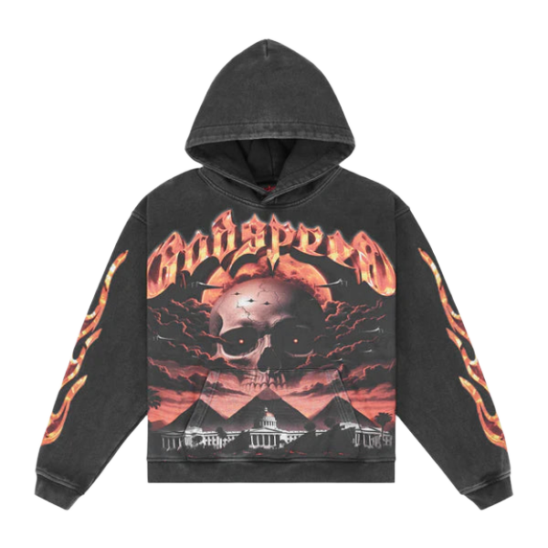 Black wash Godspeed hoodie with fiery text, large skull, fighter jets, Capitol building on front, and orange flames on sleeves.