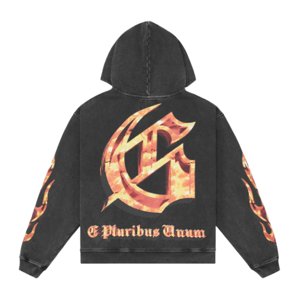 Black Wash hoodie, back view. Features large flaming Godspeed 'G' logo, 'E Pluribus Unum' text, & flame graphics on sleeves.