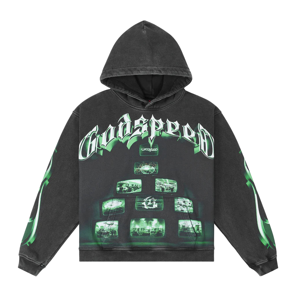 Godspeed Overstimulation black wash hoodie. Green "Godspeed" text & pyramid of glowing green CRT screens on front. Green graphics on sleeves.