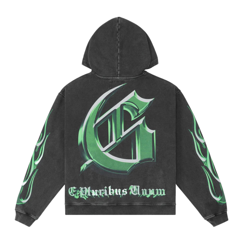 Godspeed black wash hoodie. Back: large metallic green gothic G and "E Pluribus Unum" text. Green flames on sleeves.