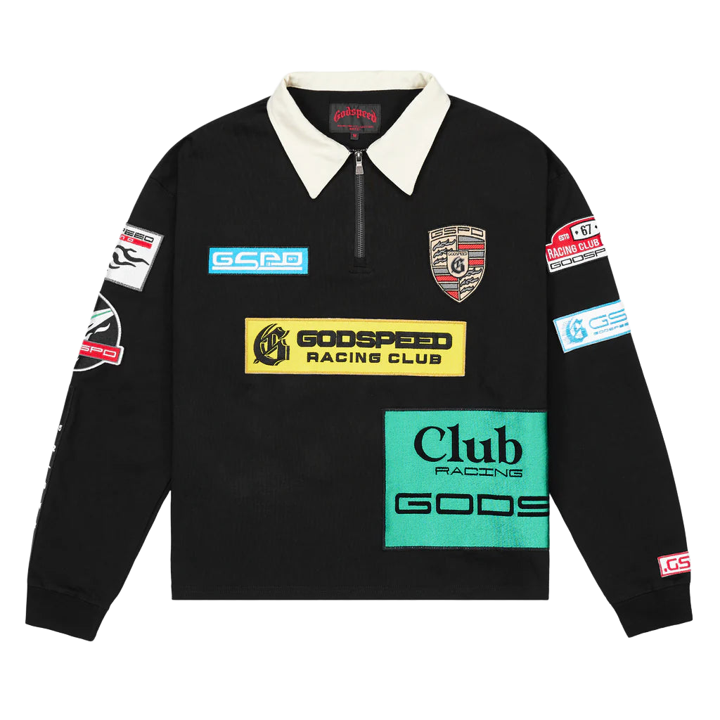 Godspeed GRC Quarter Zip Polo in black with a cream collar & quarter zip. Features various colorful racing patches.