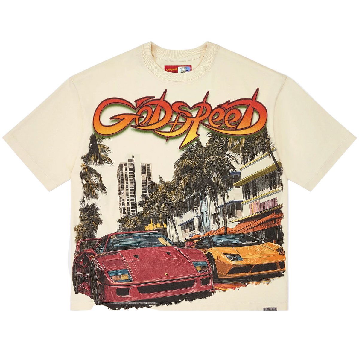 Bone tee with bold Godspeed logo above a South Beach scene: red Ferrari, yellow Lambo, palm trees & Art Deco buildings.