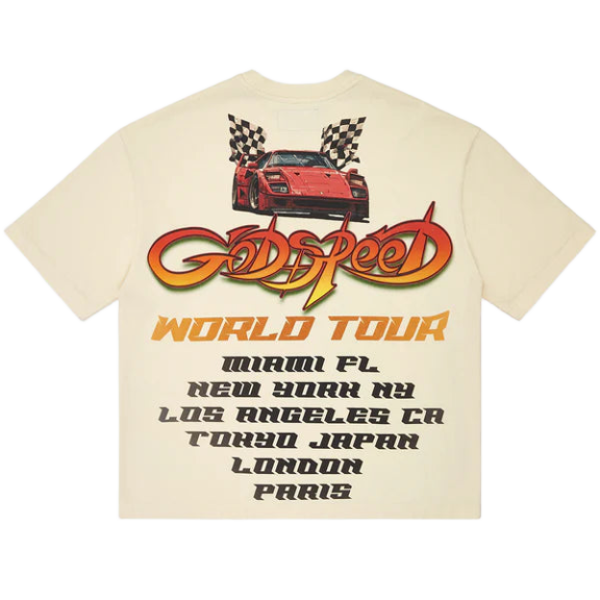 Bone Godspeed tee, back features a red sports car & checkered flags above fiery 'Godspeed' text & 'World Tour' cities.