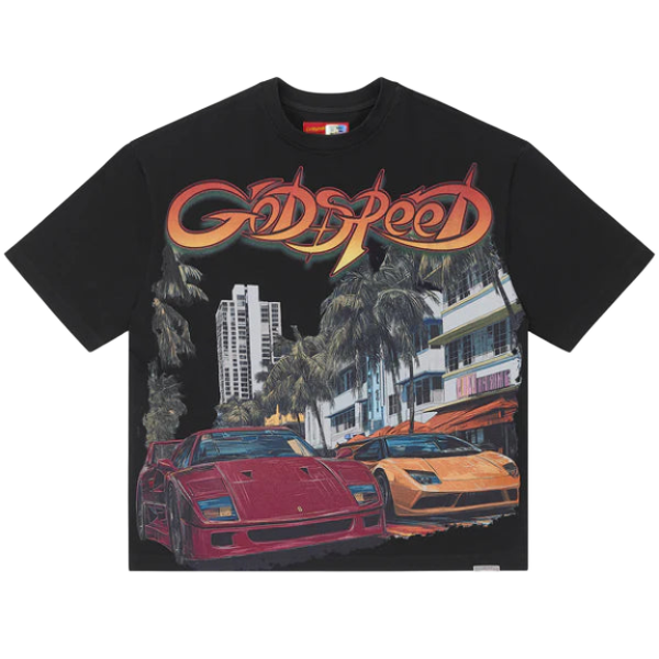 Black tee with vibrant graphic: gradient 'Godspeed' logo, red Ferrari, orange Lambo, Miami buildings & palm trees.