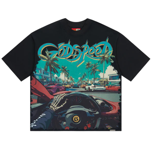 Black Godspeed Power Steering Tee with turquoise text & graphic of palm trees, cars, & skeleton hand on a red steering wheel.