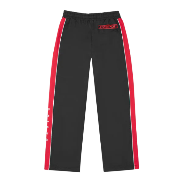 Black Godspeed GRC trackpants. Red side stripes with white piping, elastic waist. Red GSPD logo on back, white 'RACING' text on left leg.