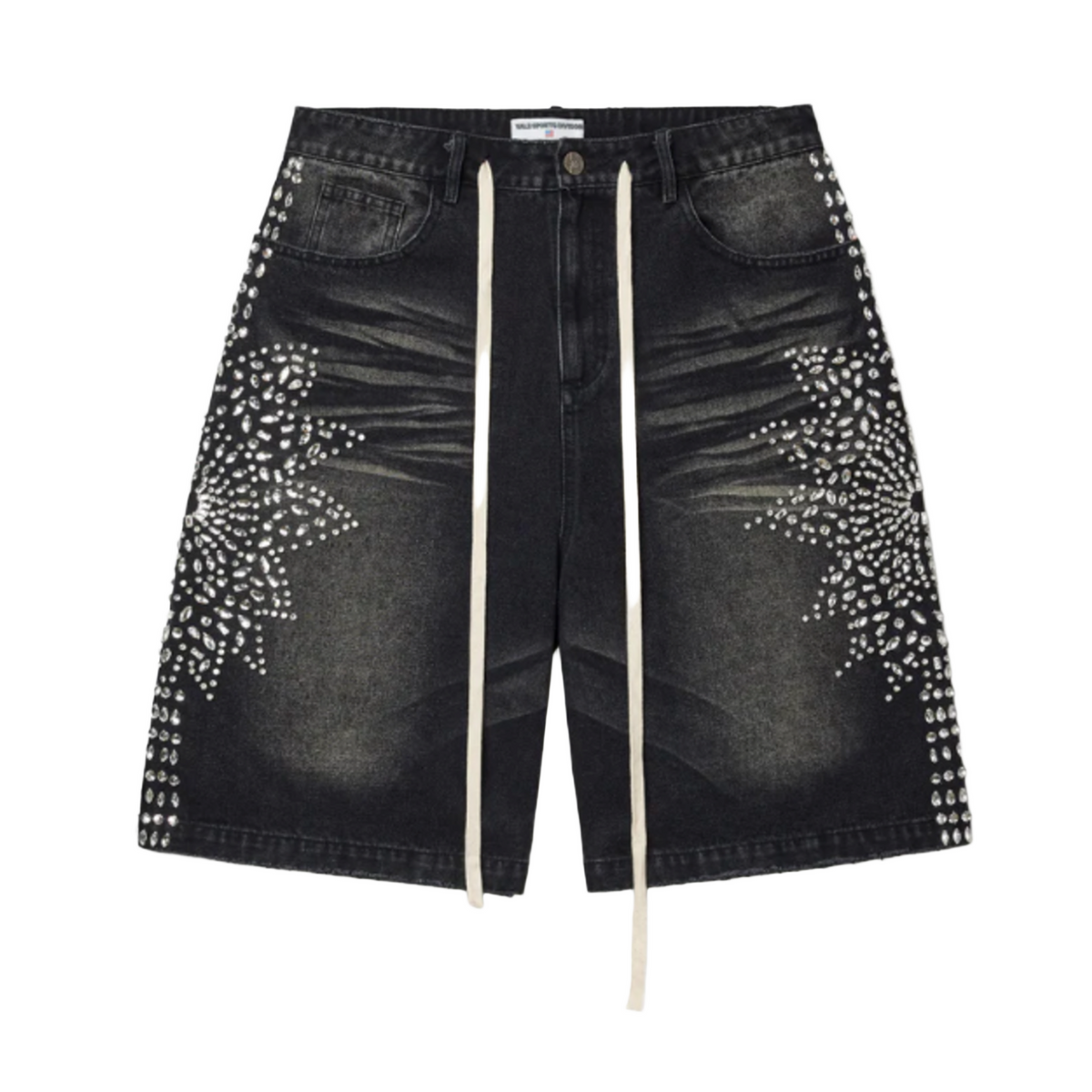 Vale Forever Siren Jorts, faded black denim with sparkling rhinestone starbursts on outer thighs and white drawstrings.
