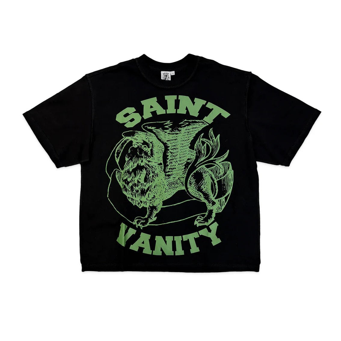 Black Saint Vanity tee with a large green griffin graphic. "SAINT" is above, "VANITY" below the griffin.
