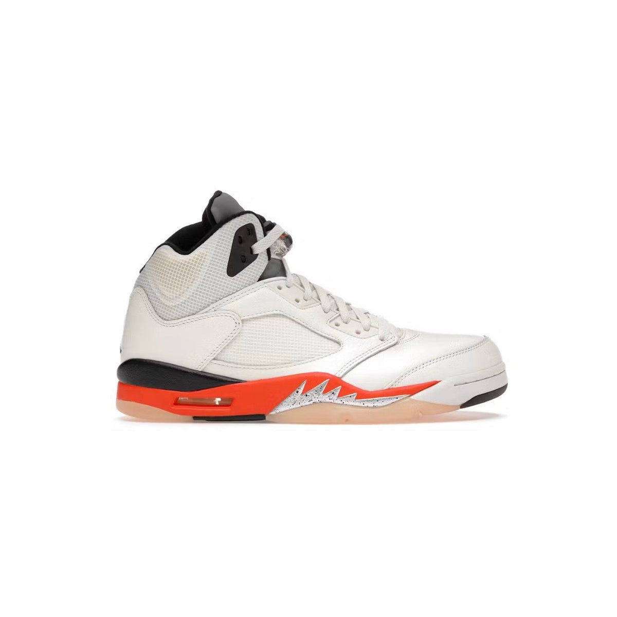 Air Jordan 5 Retro: White leather high-top with black heel/collar, vibrant orange midsole, & jagged silver speckled detail.