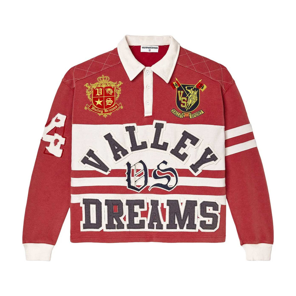 Red Vale Forever L/S rugby shirt with white collar & cuffs. Features "VALLEY DREAMS" appliqué, two crests, and white horizontal stripes.