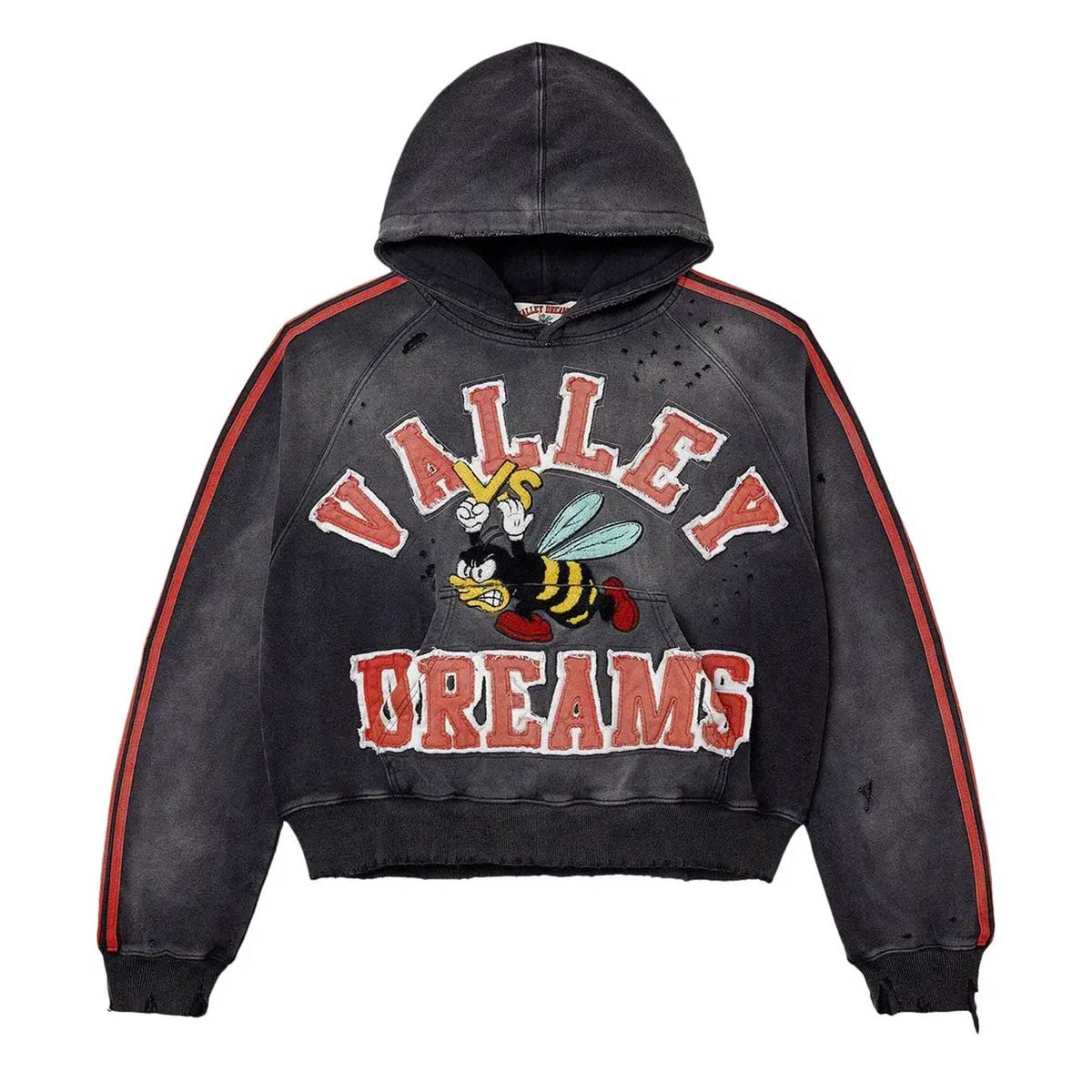 Distressed black/grey hoodie with red sleeve stripes. Features red/white 'VALLEY DREAMS' text and multi-colored bee graphic.