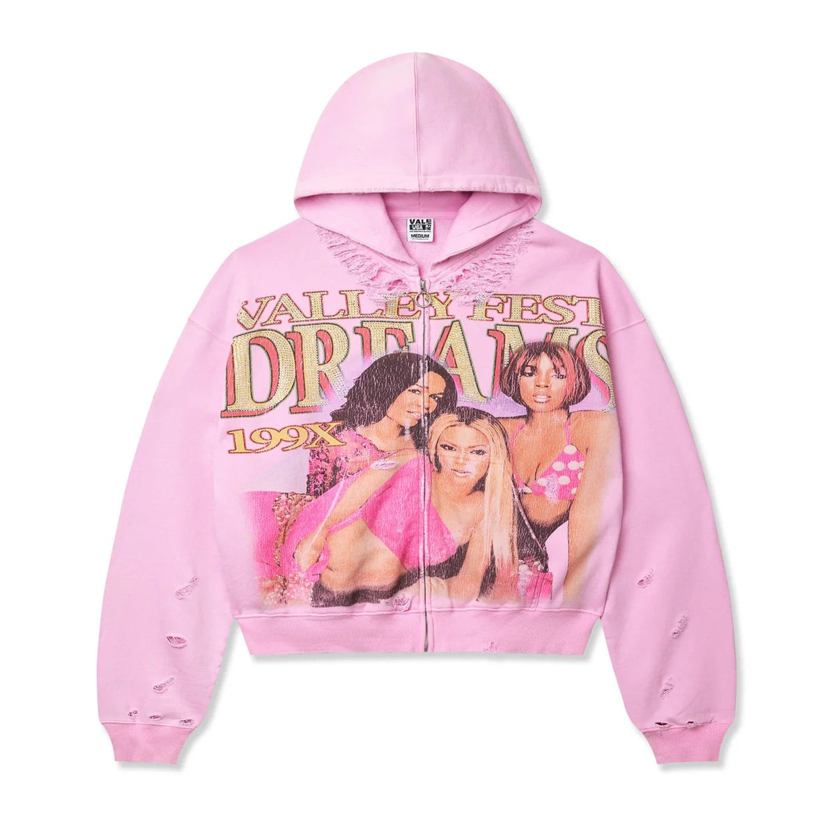Vale Forever Pink Dreams zip-up hoodie. Cropped, distressed pink hoodie with a "VALLEY FEST DREAMS 199X" graphic featuring 3 women.