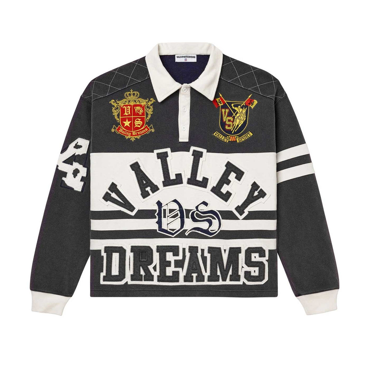 Black long-sleeve rugby shirt with white collar, cuffs, stripes. Embroidered crests, 'VALLEY DS DREAMS' applique, '44' on sleeve.