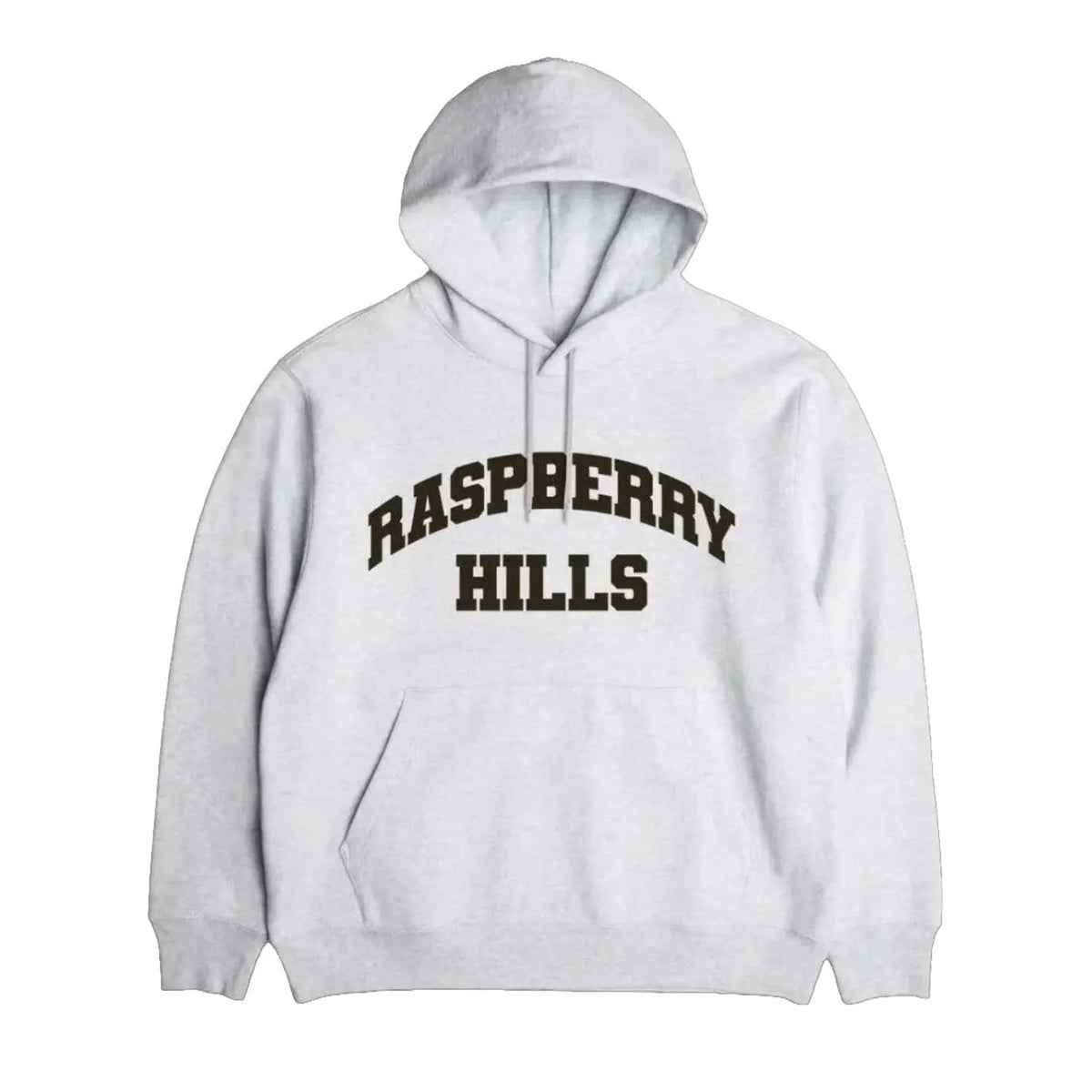 Heather grey pullover hoodie featuring "RASPBERRY HILLS" in dark arched text, with a hood and kangaroo pocket.