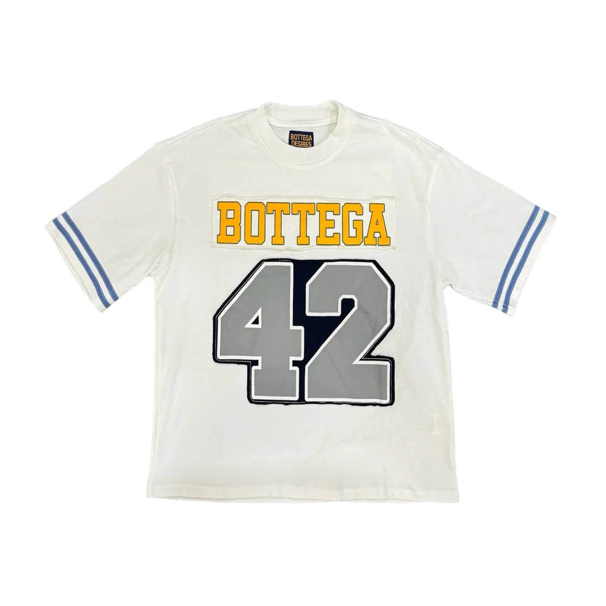 White Bottega Desires Jackie Robinson football jersey. Features yellow 'BOTTEGA' text, gray '42' on front, and blue sleeve stripes.