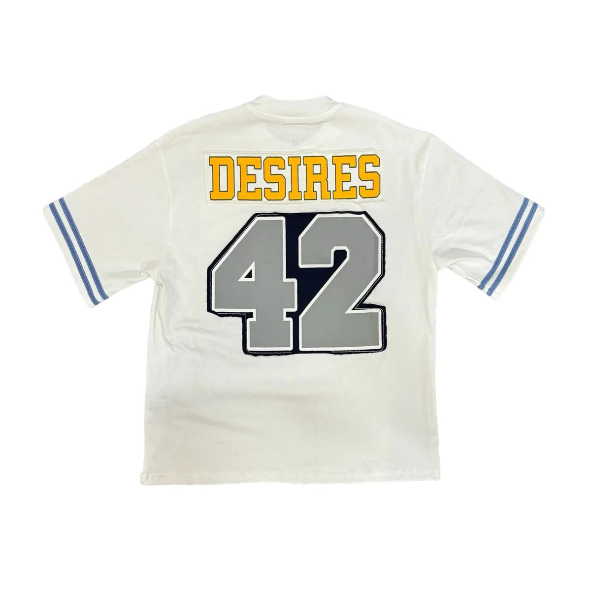White Bottega Desires football jersey, back view. Yellow 'DESIRES', gray '42', blue sleeve stripes.