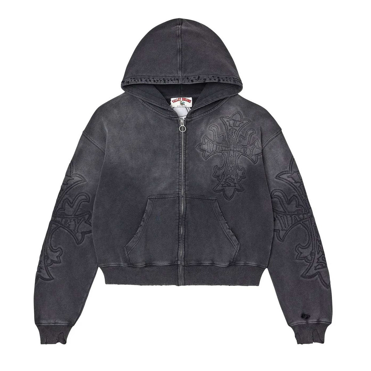 Vale Forever Carver washed black cropped zip-up hoodie with ornate cross embroidery on chest & sleeves, front pockets.