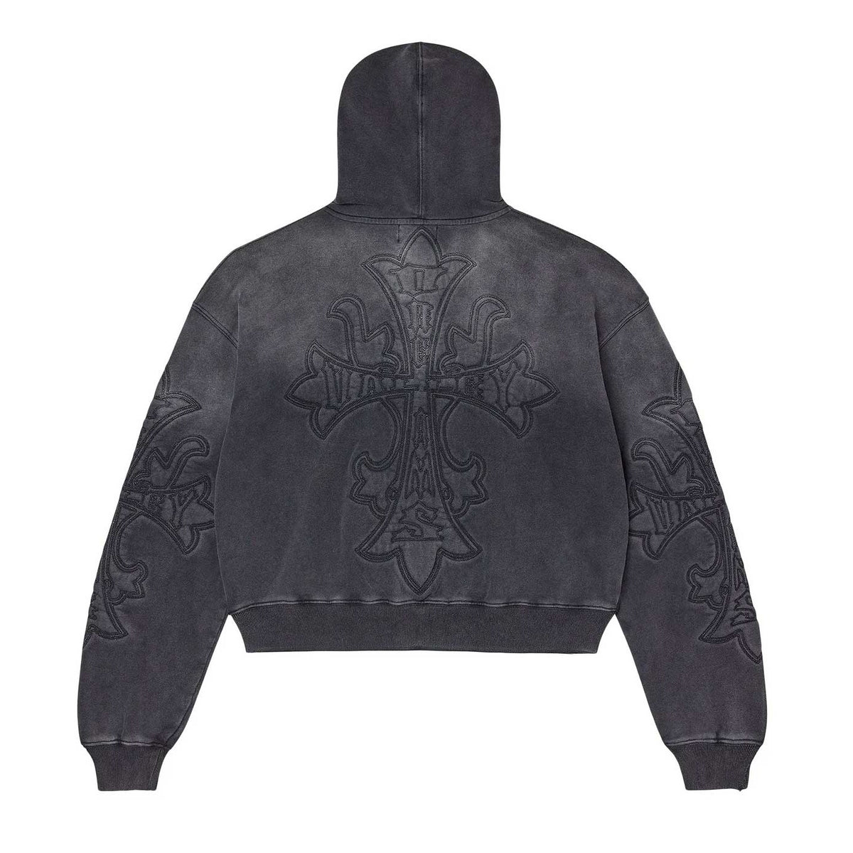 Vale Forever Carver washed black hoodie, back view. Ornate embossed cross design on back & sleeves. Cropped.