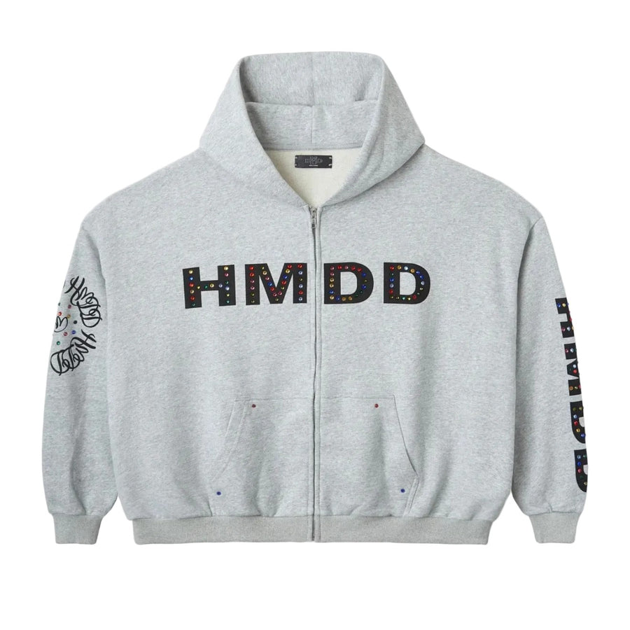 Grey HMDD oversized zip hoodie with high collar. Crystal-filled "HMDD" on chest, plus crystal HOOD & HMDDABLE text on sleeves.