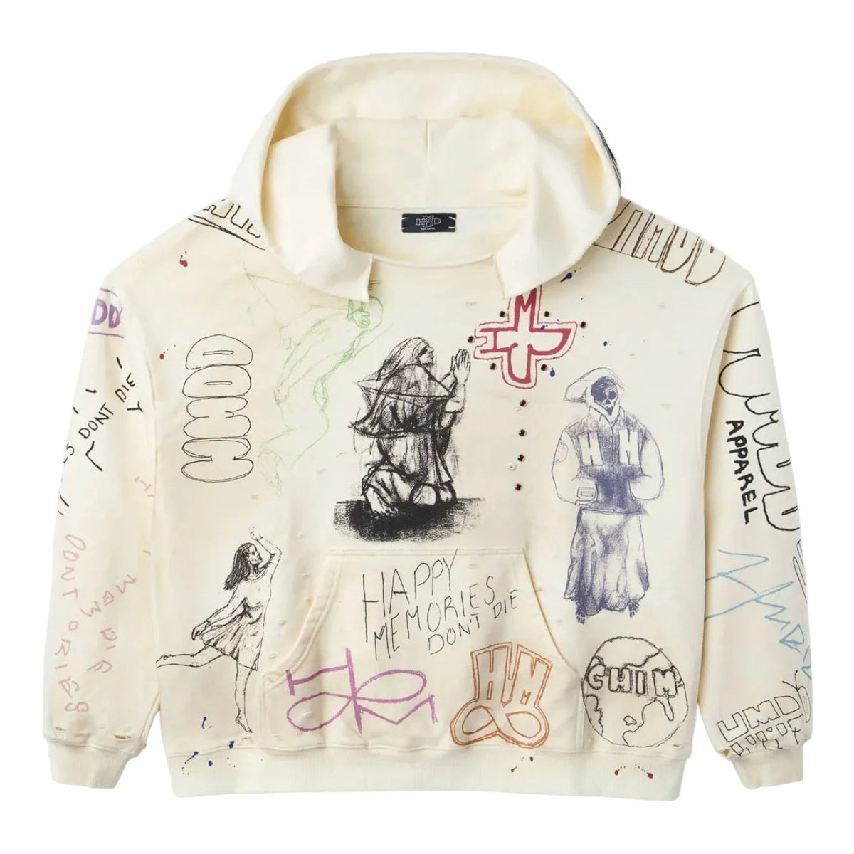 Cream HMDD Sketch Hoodie with distressed edges, covered in multi-colored hand-drawn sketches and text.