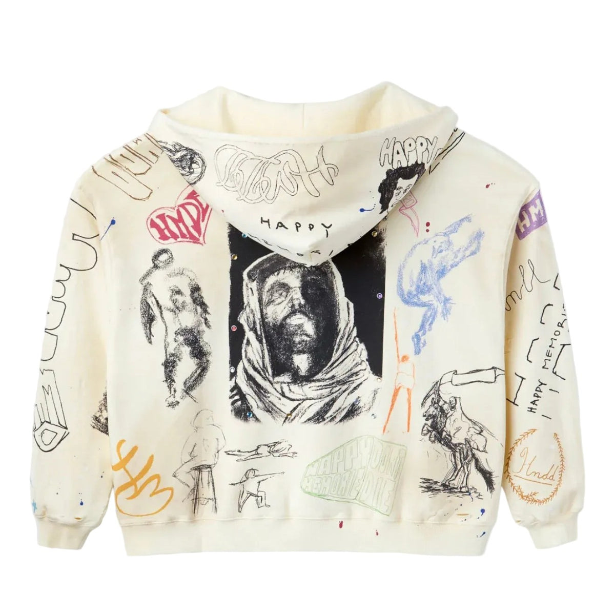 Cream HMDD Sketch Hoodie, back. Large portrait, multi-color abstract figures & "HAPPY" text sketches.