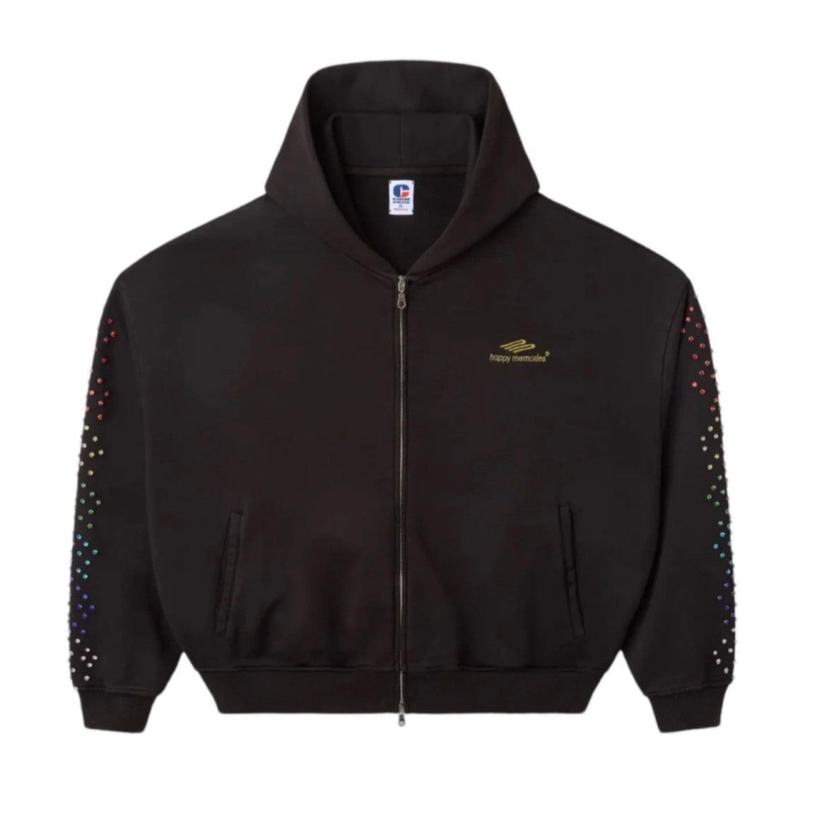 Black HMDD zip-up hoodie with full zipper, "happy memories" chest logo, and sleeves featuring scattered rainbow crystals.