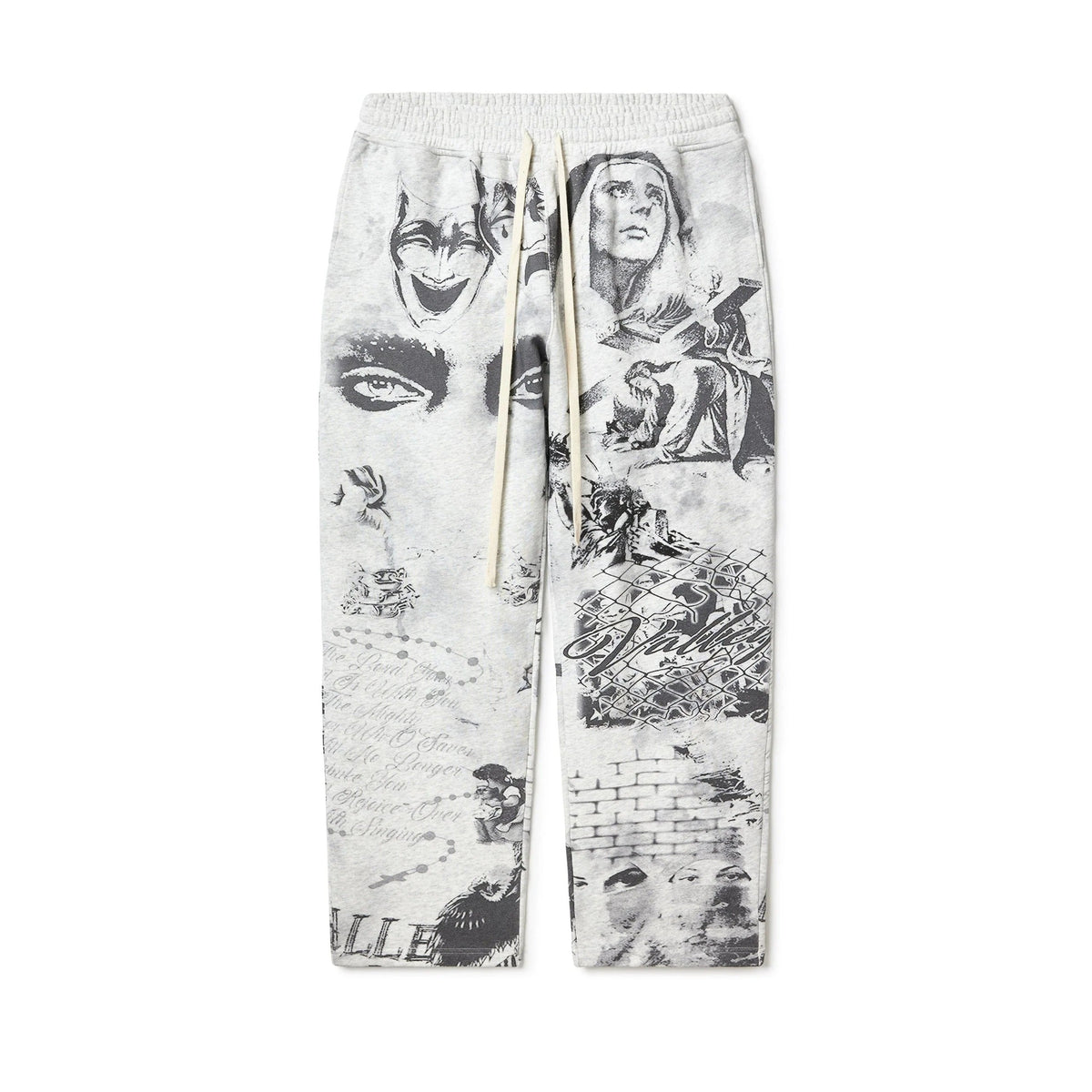 Vale Forever grey sweatpants with a detailed dark grey mural print featuring faces, religious figures, abstract text, and a chain-link fence. Cream drawstring.