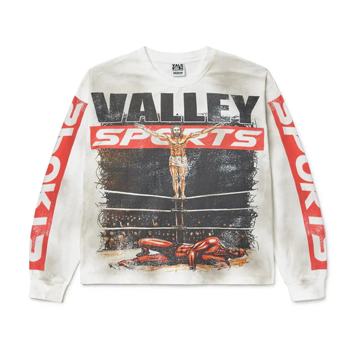 White Vale Forever L/S shirt. Front graphic: VALLEY SPORTS, Jesus-like figure on boxing ring, fallen boxer. Red sleeve text.