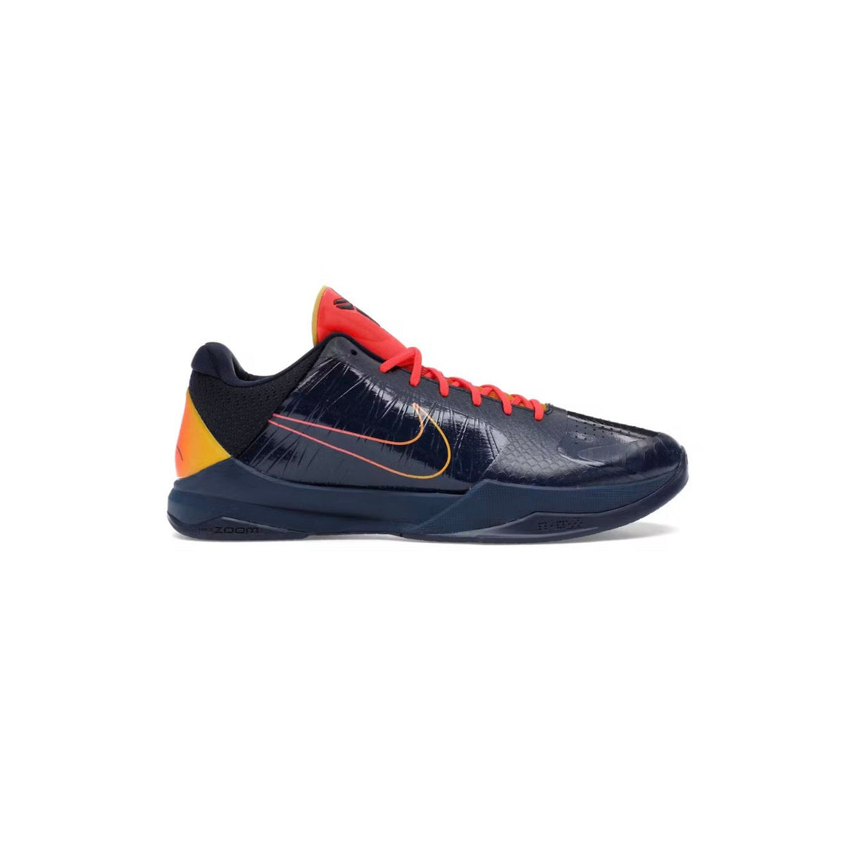 NIKE Kobe 5 Protro sneaker in dark navy glossy finish, red laces, red/yellow swoosh, black/yellow heel.