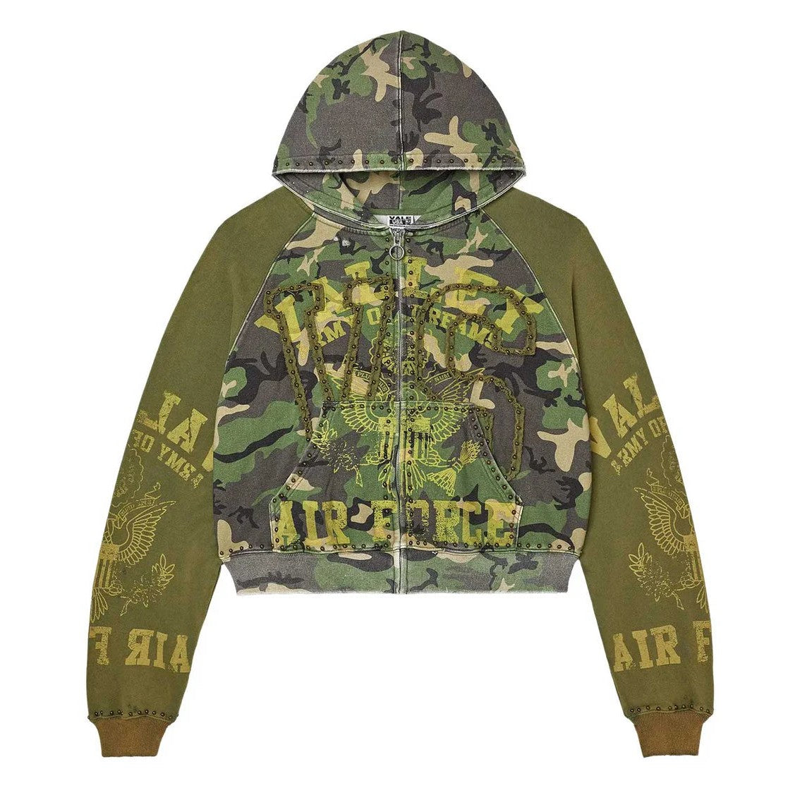 Vale Forever Terrain green camo zip-up hoodie with solid green raglan sleeves, "Vale Forever" branding, chain details, and studs.