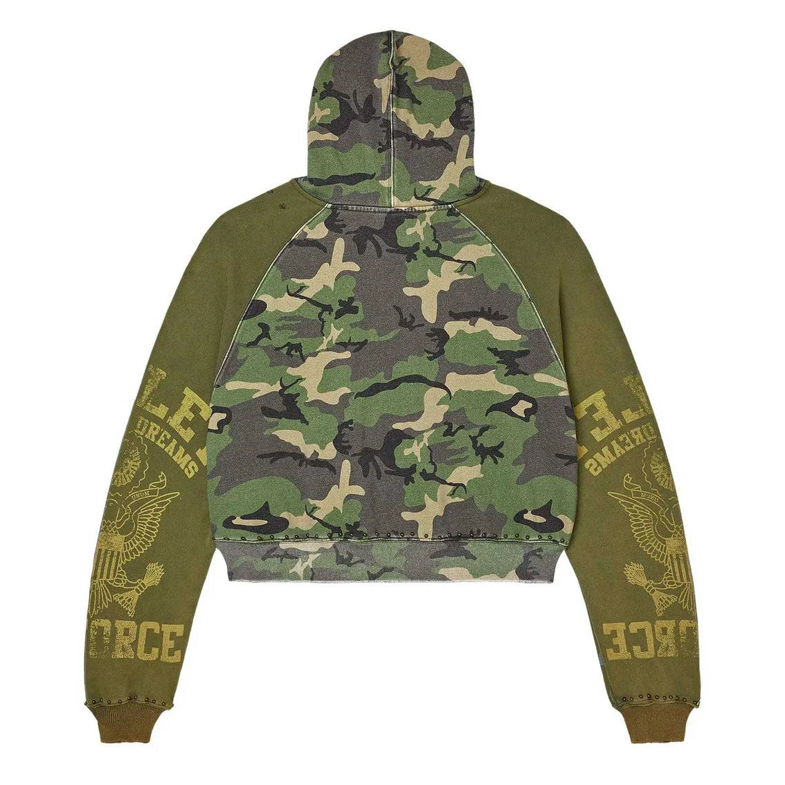 Vale Forever Green Terrain Zip-Up hoodie, back view. Cropped with camo hood/back & gold 'Vale Dreams Forever' text/eagle on olive sleeves.