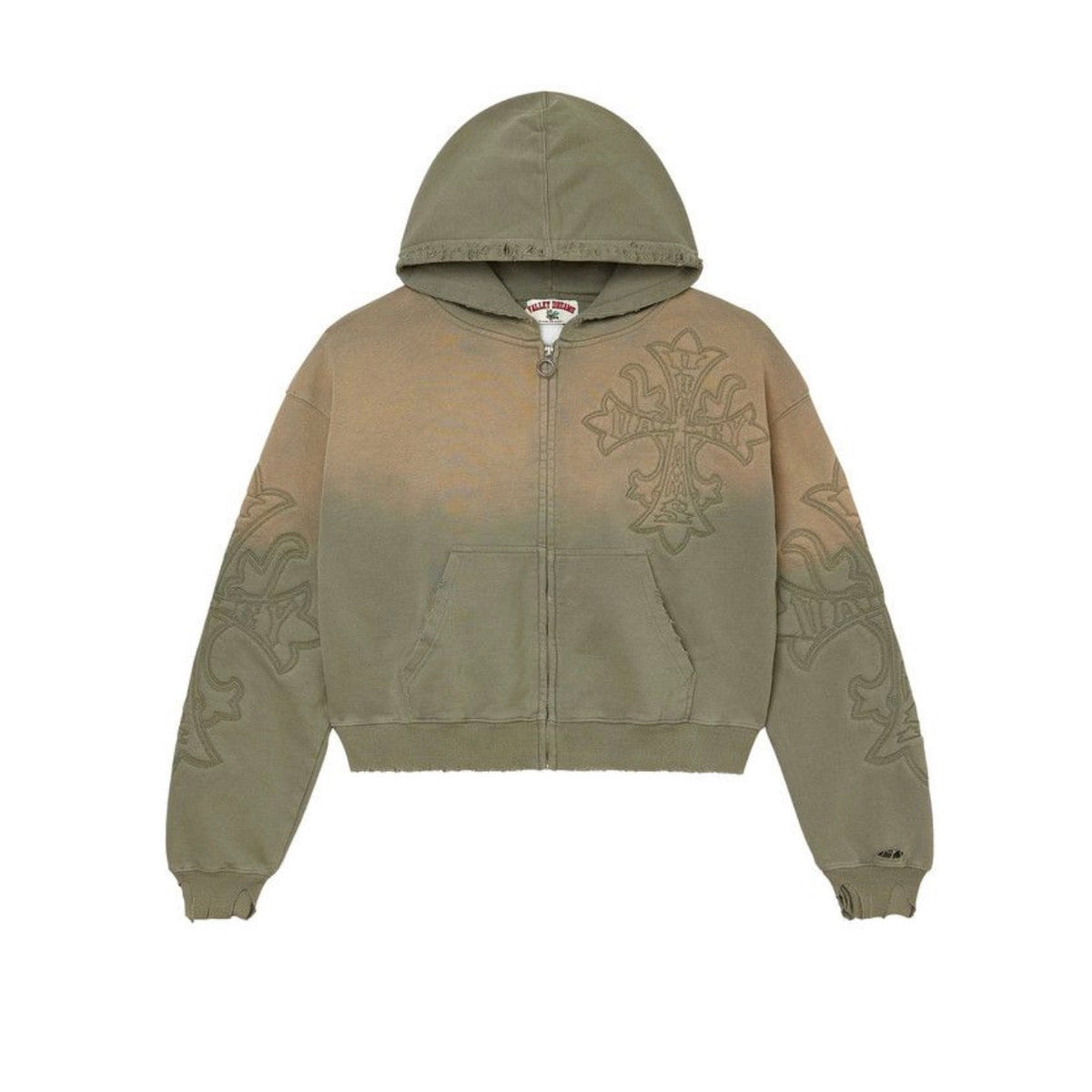Vale Forever Carver Zip-Up: Distressed green ombre hoodie with frayed edges, full zip, pouch pocket, and ornate cross embroidery.