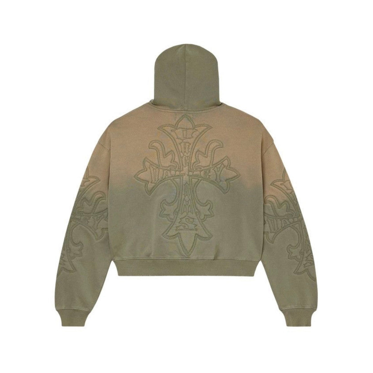Vale Forever Carver zip-up hoodie, faded olive green. Oversized fit, large ornate cross with 'VALLEY' on back & partial crosses on sleeves.