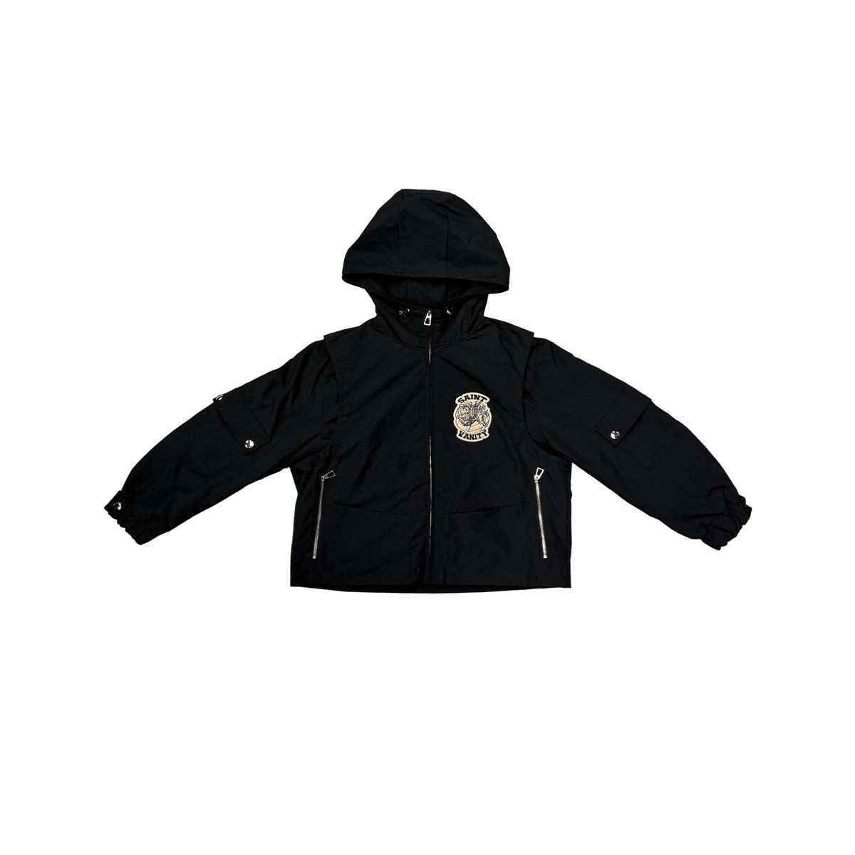 Black Saint Vanity cargo nylon hooded jacket with full zipper, snap-button sleeve pockets, zippered waist pockets, and a cream logo.