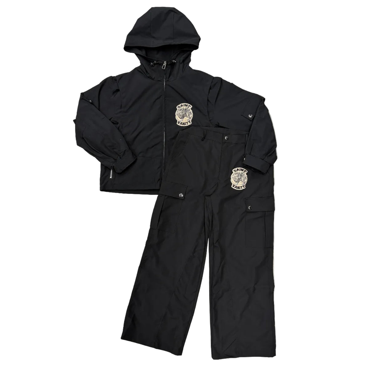 Black Saint Vanity cargo nylon set: hooded jacket with logo patch on chest & cargo pants with patch on left thigh.