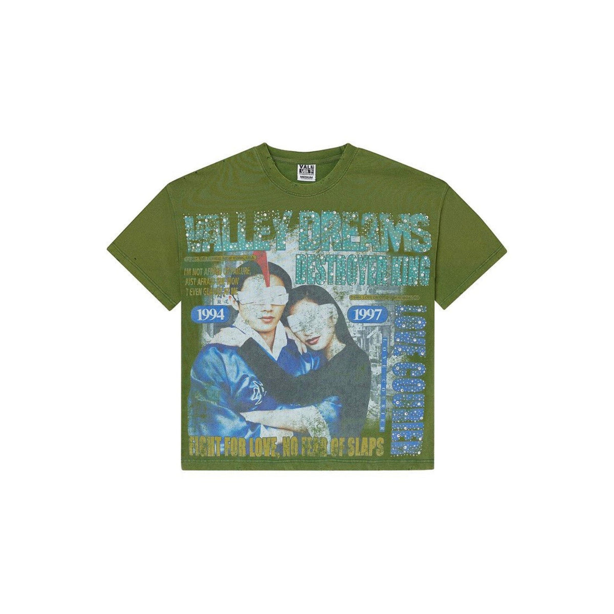 Vale Forever green tee with a faded print of a blindfolded couple. Robot bling text 'Valley Dreams Destroyed' and dates.