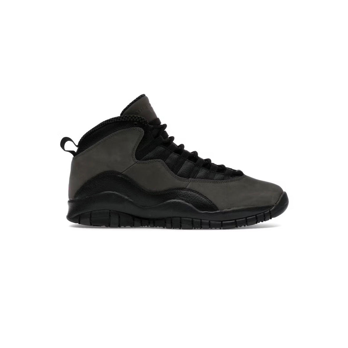 Air Jordan 10 Retro 'Shadow' high-top. Dark grey nubuck upper, black wavy side panels, laces, pull tab, & sole.