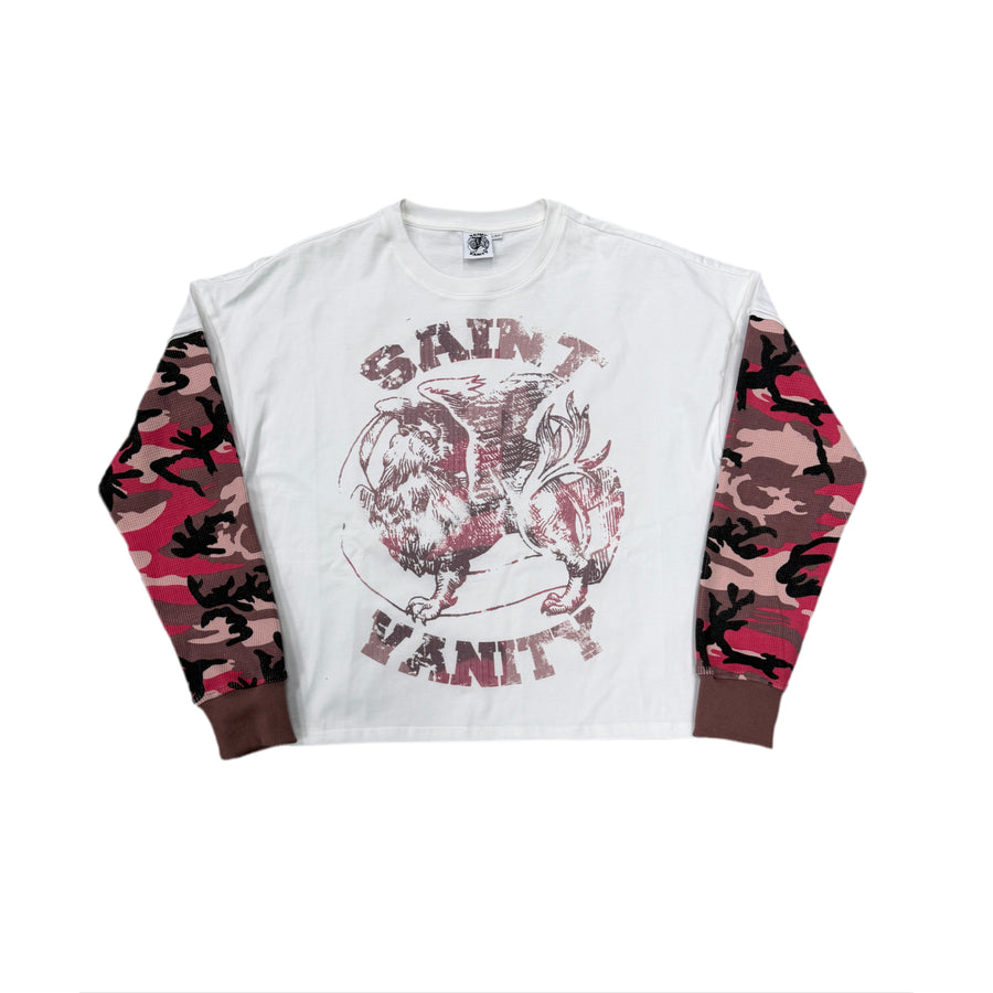 Saint Vanity white L/S thermal, pink/brown/black camo knit sleeves, brown ribbed cuffs. Distressed red Saint Vanity graphic.