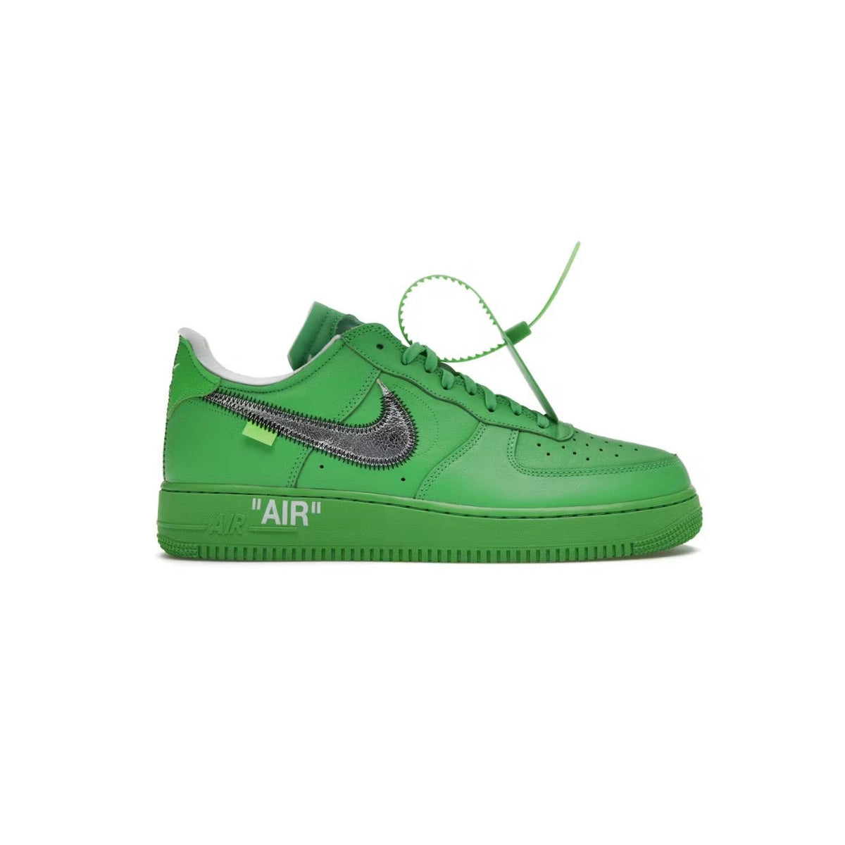 NIKE Air Force 1 Low x OFF WHITE in vibrant green. Features a textured silver swoosh, 'AIR' text on midsole, and green zip tie.