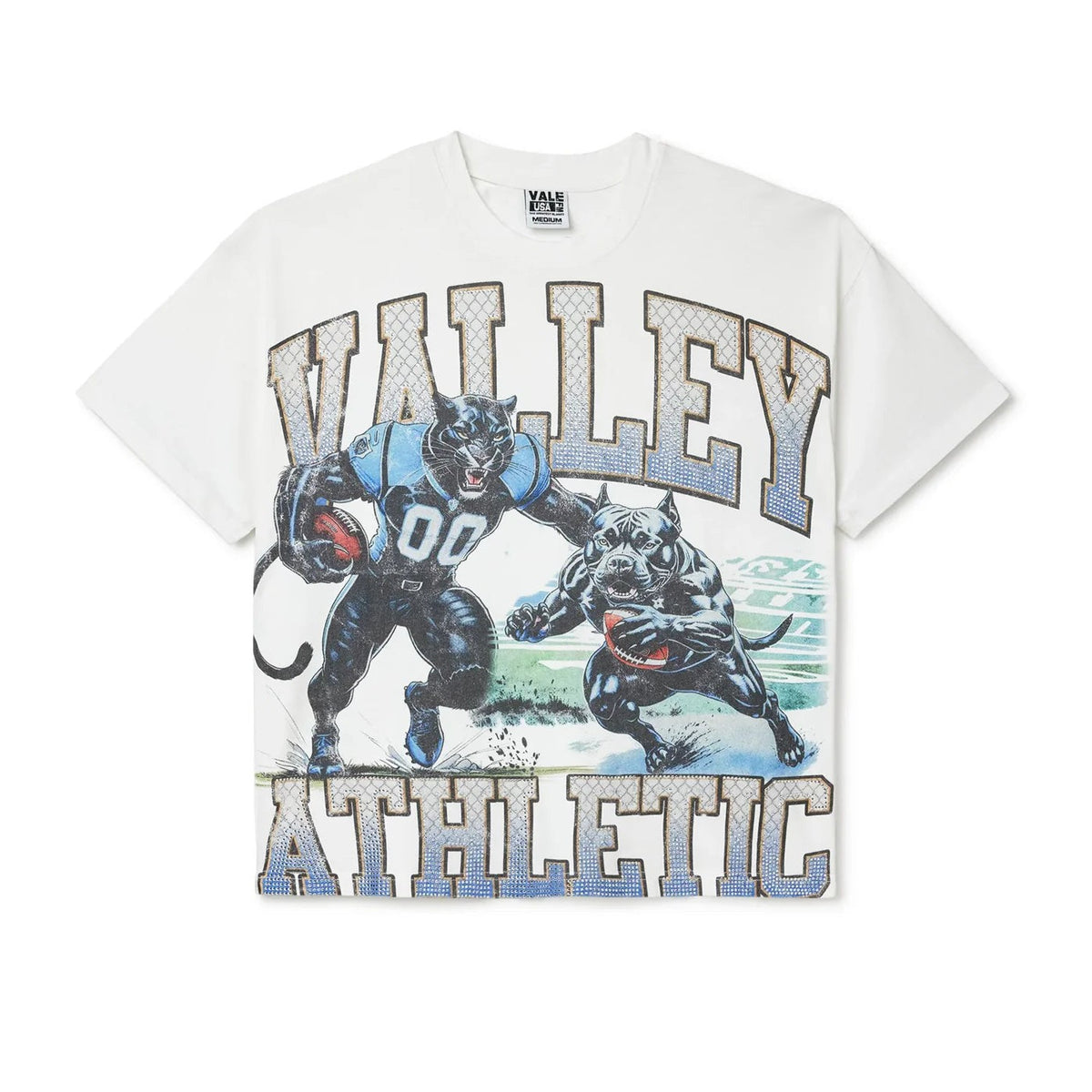 White Vale USA tee with distressed "VALLEY ATHLETIC" text and a graphic of a black panther & pit bull playing football.