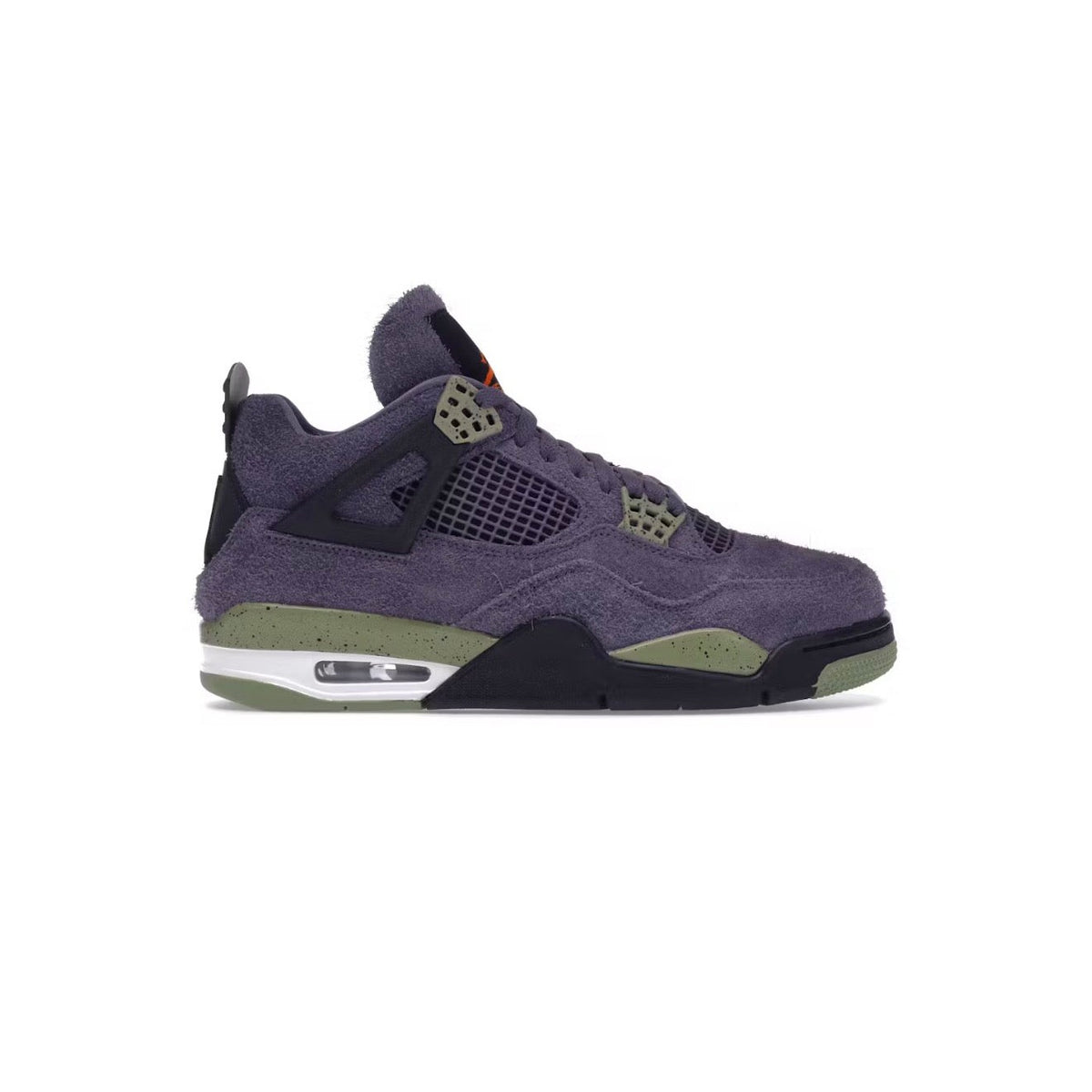 Air Jordan 4 Retro W Canyon Purple suede sneaker with olive green, black, and orange details. Visible Air unit.